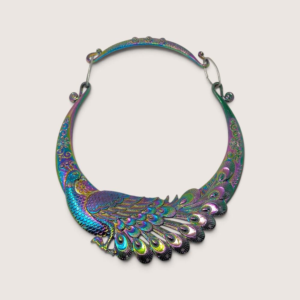 Vintage Rainbow Iridescent Metal Peacock Collar Bib Statement Necklace